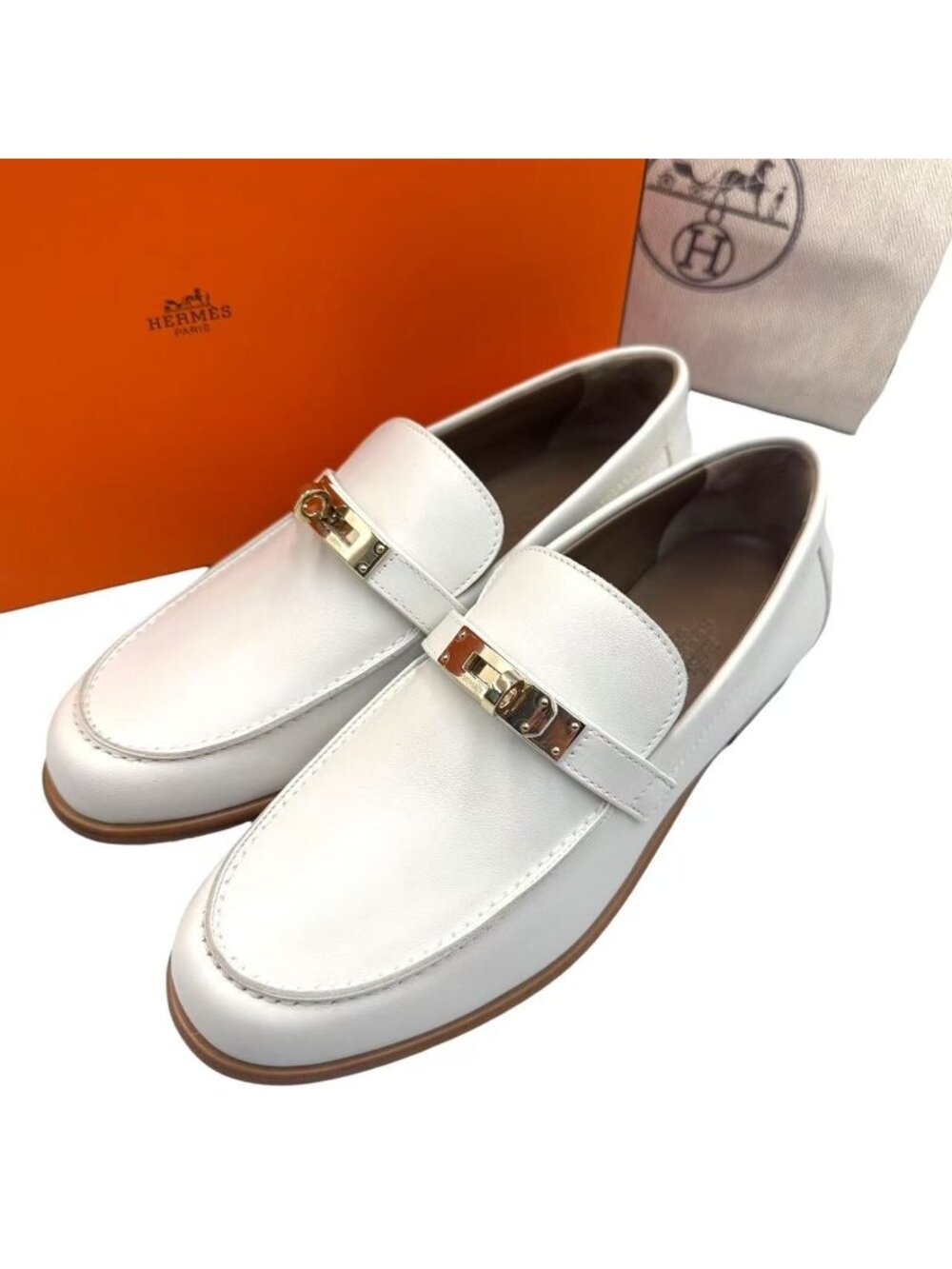 Hermes Loafers Moccasin Destin Calfskin Gold White